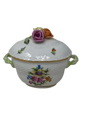 Herend Hungary Printemps Porcelain Hand Painted Leaf Floral Trinket Dish W Lid